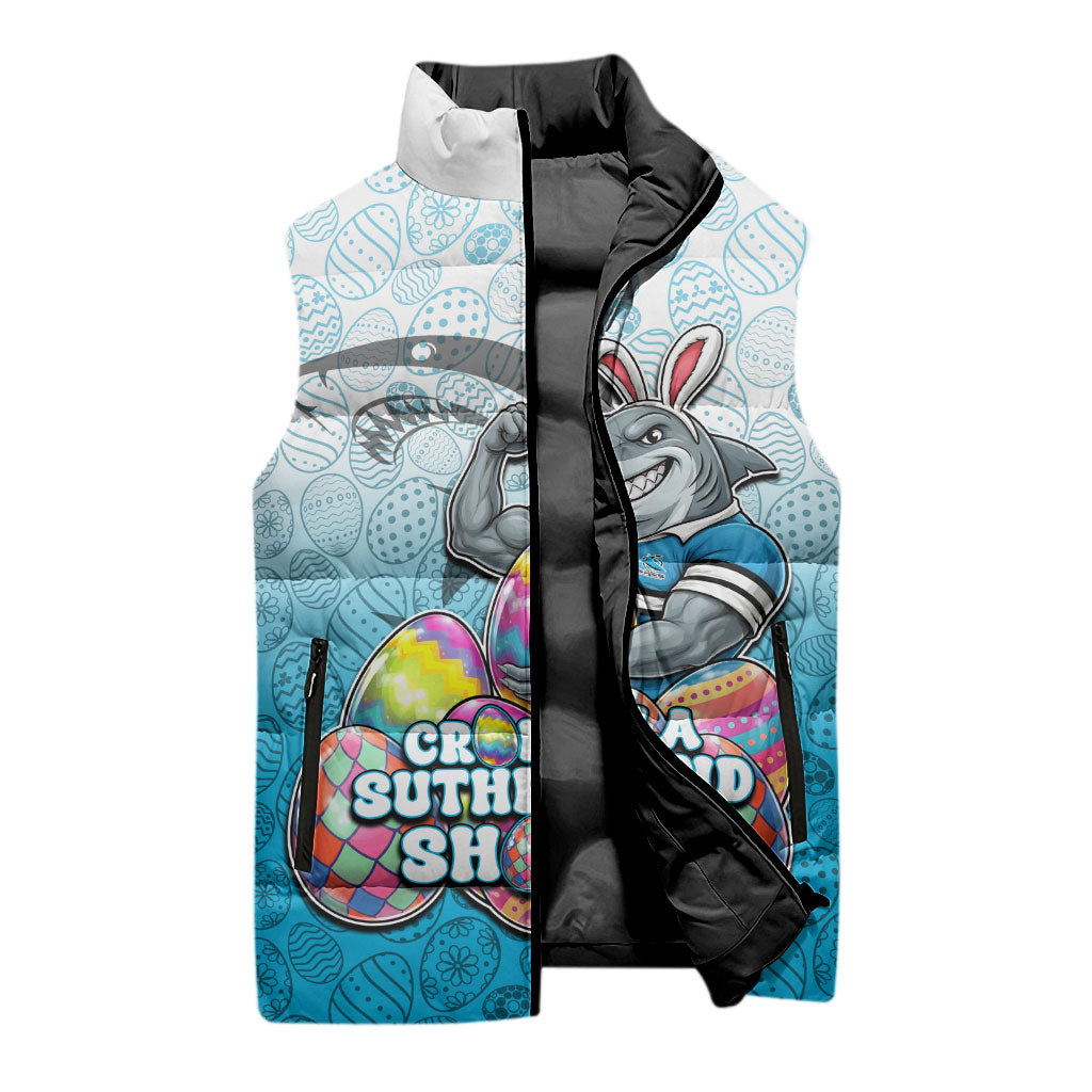 Personalized Cronulla Sutherland Sharks Sleeveless Puffer Jacket Easter Mascot - Colorful Eggs Cartoon Style