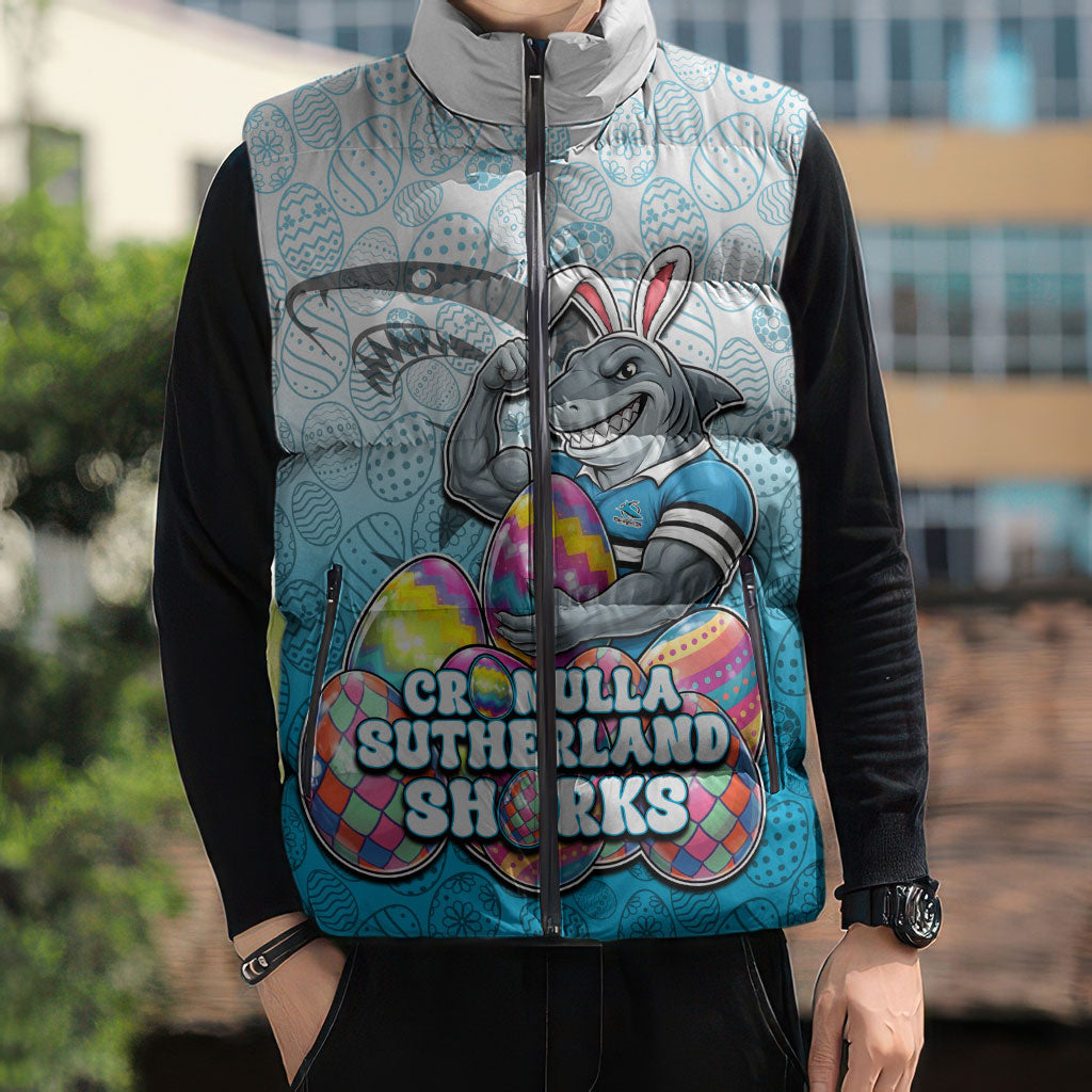 Personalized Cronulla Sutherland Sharks Sleeveless Puffer Jacket Easter Mascot - Colorful Eggs Cartoon Style