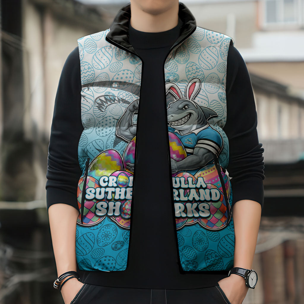 Personalized Cronulla Sutherland Sharks Sleeveless Puffer Jacket Easter Mascot - Colorful Eggs Cartoon Style