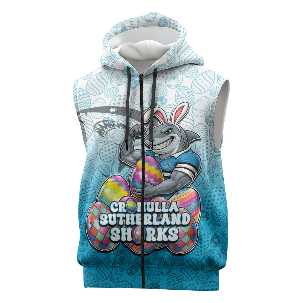 Personalized Cronulla Sutherland Sharks Sleeveless Zip Hoodie Easter Mascot - Colorful Eggs Cartoon Style
