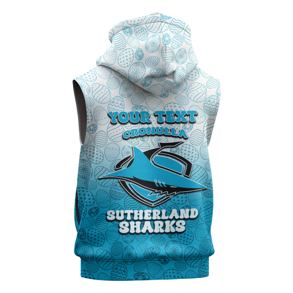 Personalized Cronulla Sutherland Sharks Sleeveless Zip Hoodie Easter Mascot - Colorful Eggs Cartoon Style