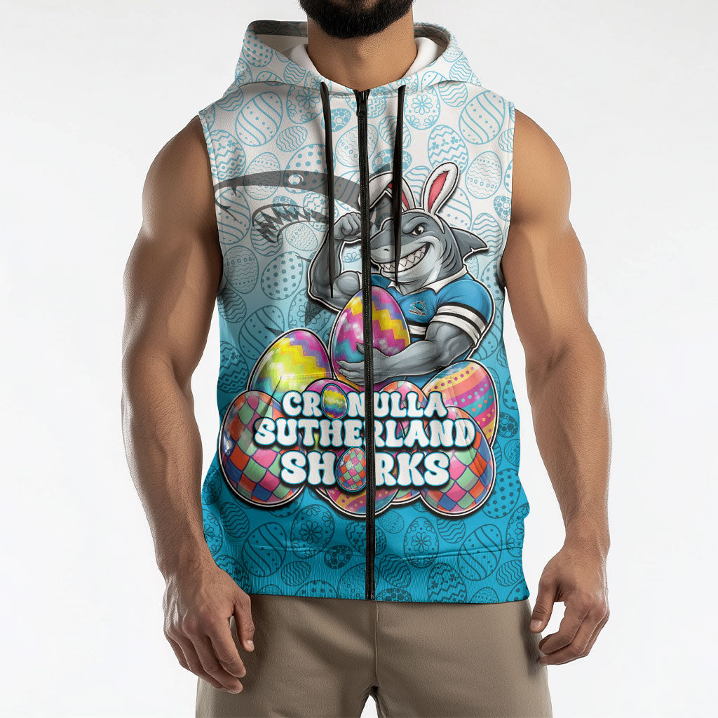 Personalized Cronulla Sutherland Sharks Sleeveless Zip Hoodie Easter Mascot - Colorful Eggs Cartoon Style