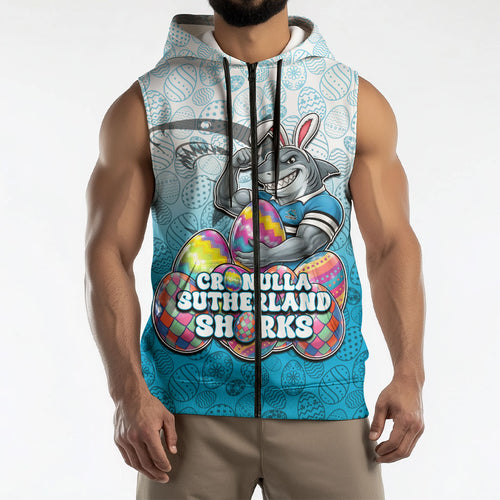 Personalized Cronulla Sutherland Sharks Sleeveless Zip Hoodie Easter Mascot - Colorful Eggs Cartoon Style