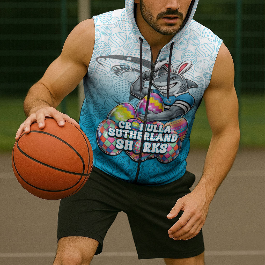 Personalized Cronulla Sutherland Sharks Sleeveless Zip Hoodie Easter Mascot - Colorful Eggs Cartoon Style