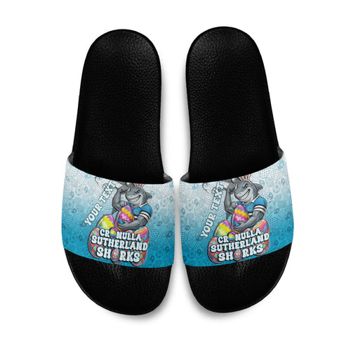 Personalized Cronulla Sutherland Sharks Slide Sandals Easter Mascot - Colorful Eggs Cartoon Style