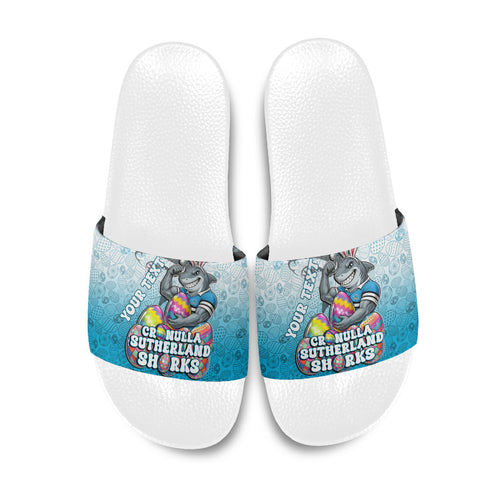Personalized Cronulla Sutherland Sharks Slide Sandals Easter Mascot - Colorful Eggs Cartoon Style