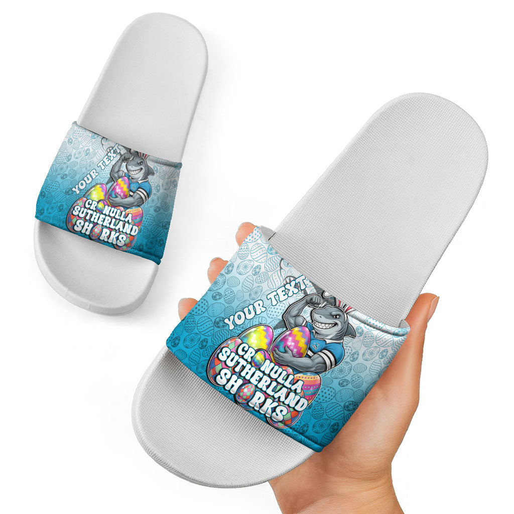 Personalized Cronulla Sutherland Sharks Slide Sandals Easter Mascot - Colorful Eggs Cartoon Style
