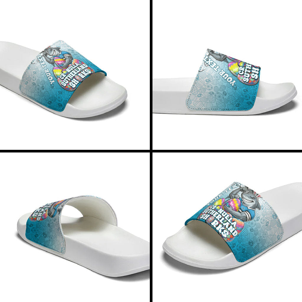 Personalized Cronulla Sutherland Sharks Slide Sandals Easter Mascot - Colorful Eggs Cartoon Style
