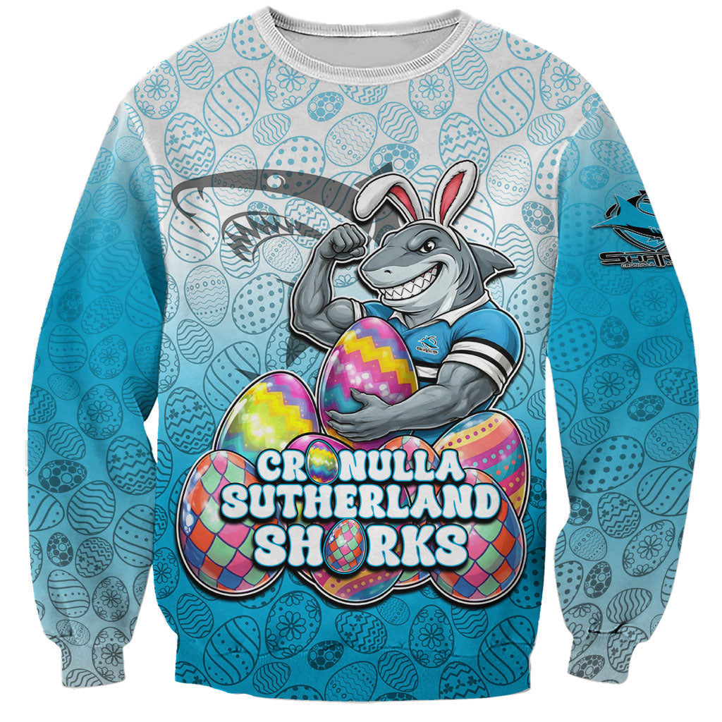 Personalized Cronulla Sutherland Sharks Sweatshirt Easter Mascot - Colorful Eggs Cartoon Style