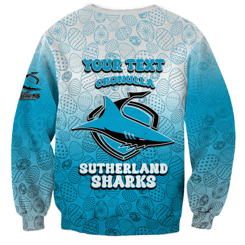Personalized Cronulla Sutherland Sharks Sweatshirt Easter Mascot - Colorful Eggs Cartoon Style