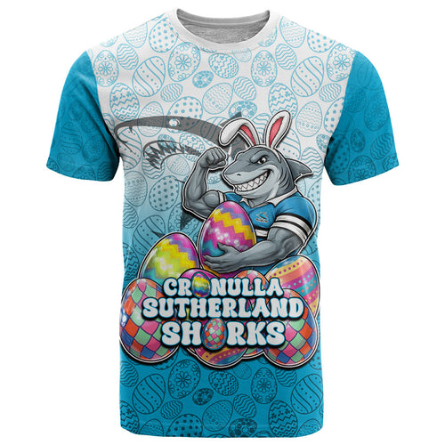 Personalized Cronulla Sutherland Sharks T Shirt Easter Mascot - Colorful Eggs Cartoon Style