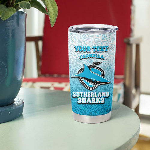 Personalized Cronulla Sutherland Sharks Tumbler Cup Easter Mascot - Colorful Eggs Cartoon Style