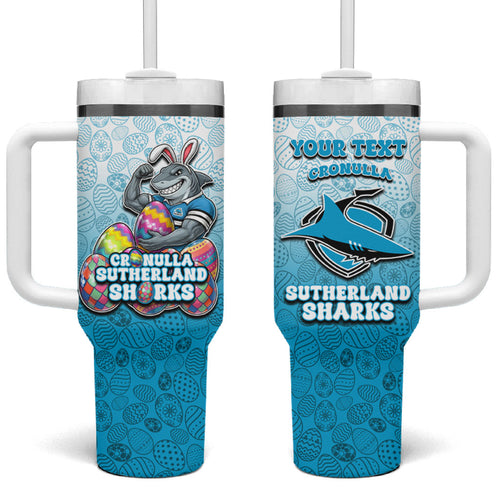 Personalized Cronulla Sutherland Sharks Tumbler With Handle Easter Mascot - Colorful Eggs Cartoon Style