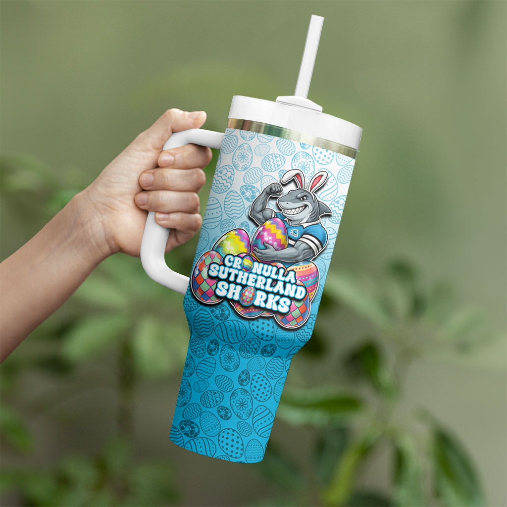 Personalized Cronulla Sutherland Sharks Tumbler With Handle Easter Mascot - Colorful Eggs Cartoon Style