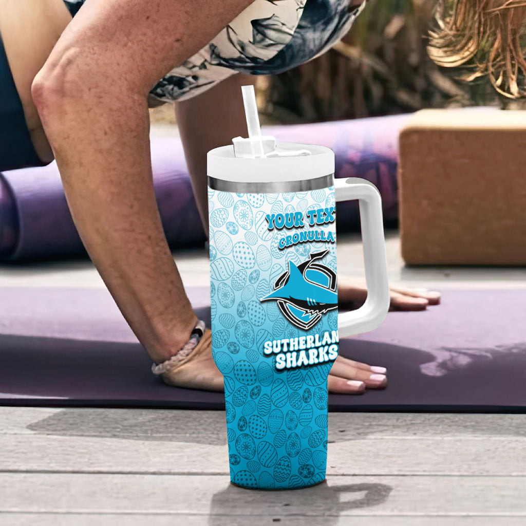 Personalized Cronulla Sutherland Sharks Tumbler With Handle Easter Mascot - Colorful Eggs Cartoon Style