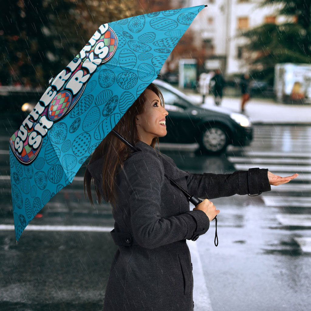 Personalized Cronulla Sutherland Sharks Umbrella Easter Mascot - Colorful Eggs Cartoon Style