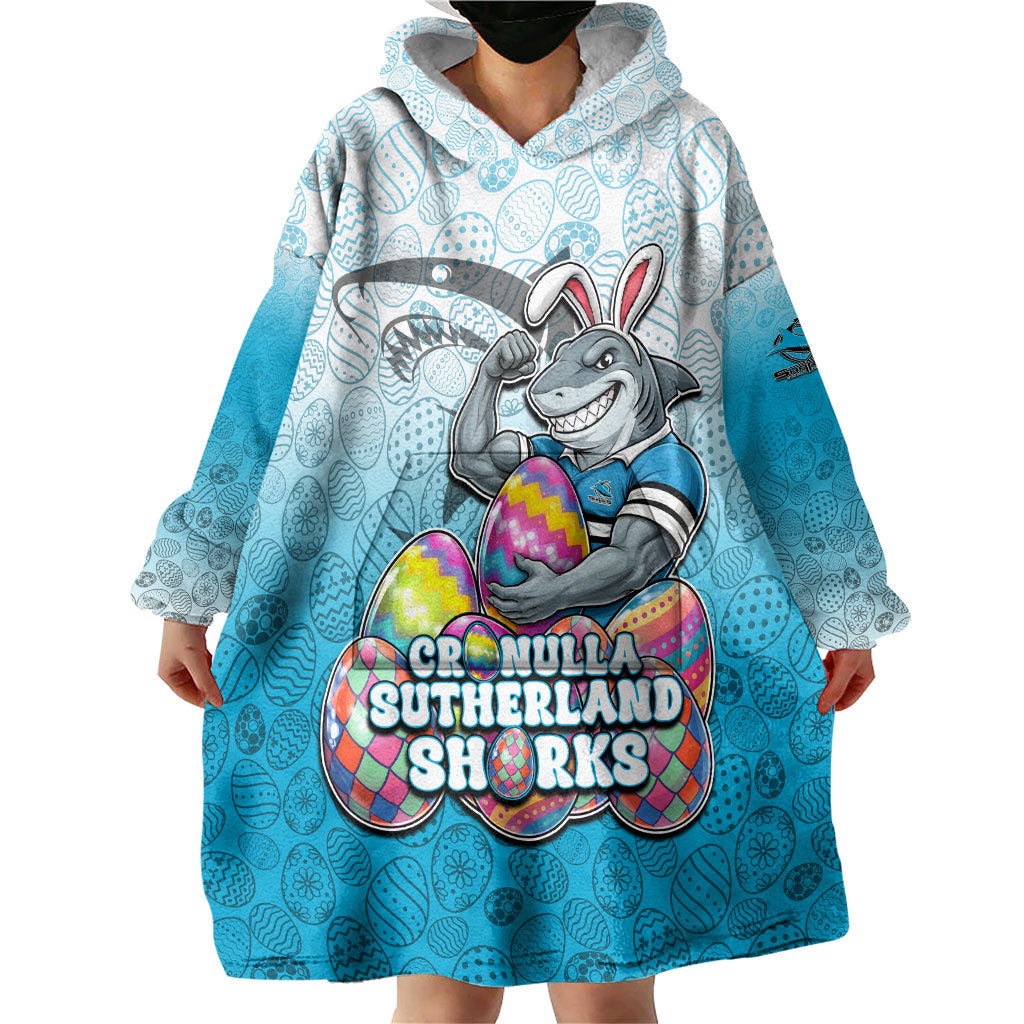 Personalized Cronulla Sutherland Sharks Wearable Blanket Hoodie Easter Mascot - Colorful Eggs Cartoon Style