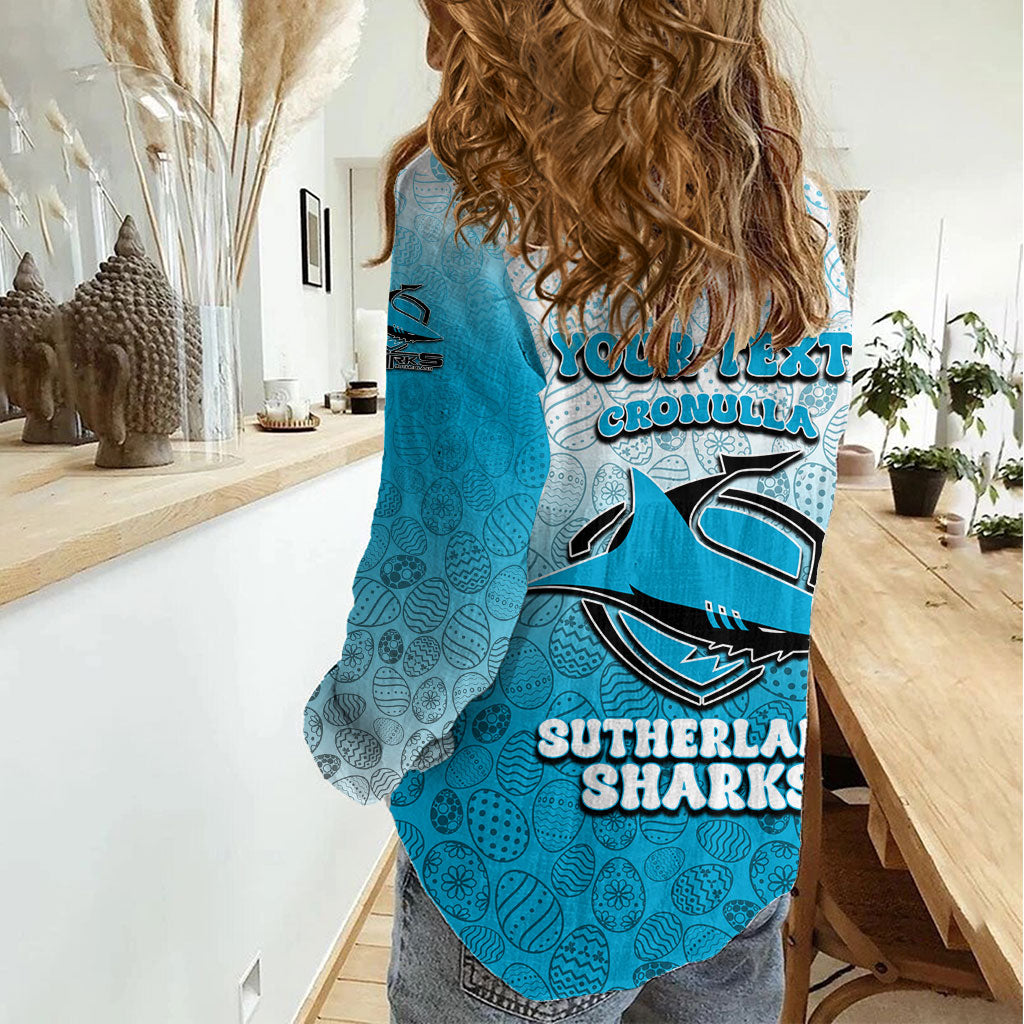 Personalized Cronulla Sutherland Sharks Women Casual Shirt Easter Mascot - Colorful Eggs Cartoon Style