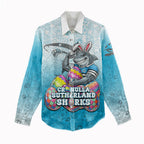 Personalized Cronulla Sutherland Sharks Women Casual Shirt Easter Mascot - Colorful Eggs Cartoon Style