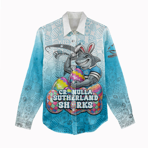Personalized Cronulla Sutherland Sharks Women Casual Shirt Easter Mascot - Colorful Eggs Cartoon Style