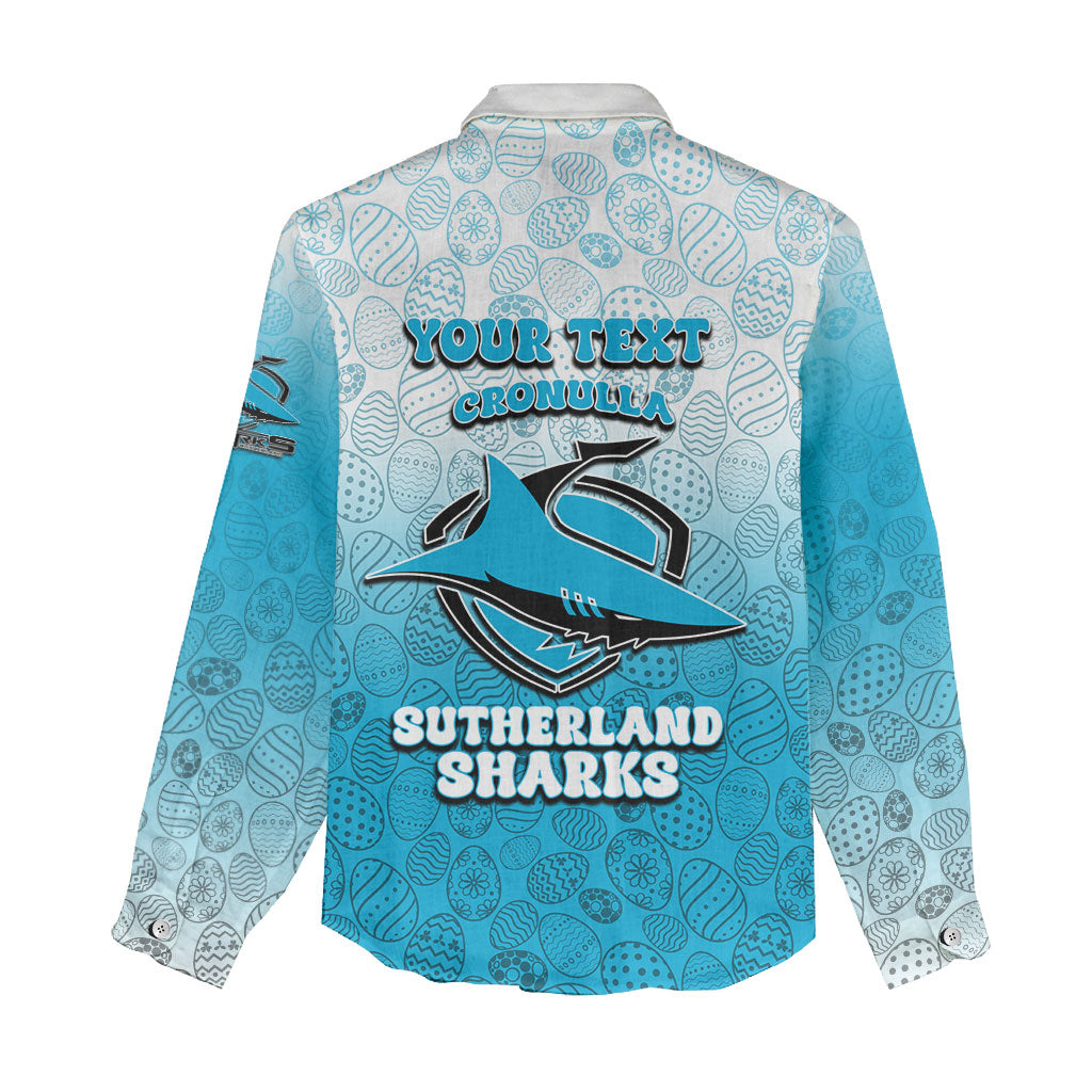 Personalized Cronulla Sutherland Sharks Women Casual Shirt Easter Mascot - Colorful Eggs Cartoon Style