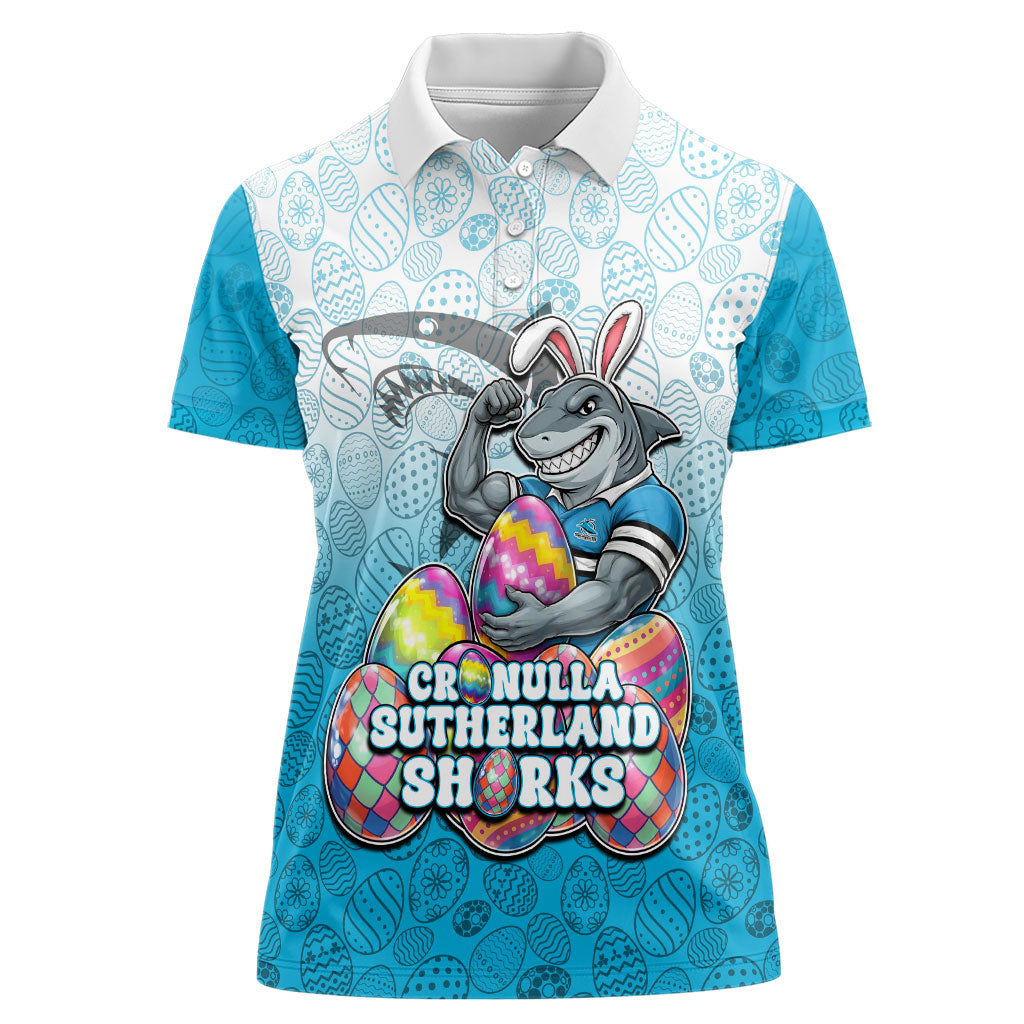 Personalized Cronulla Sutherland Sharks Women Polo Shirt Easter Mascot - Colorful Eggs Cartoon Style
