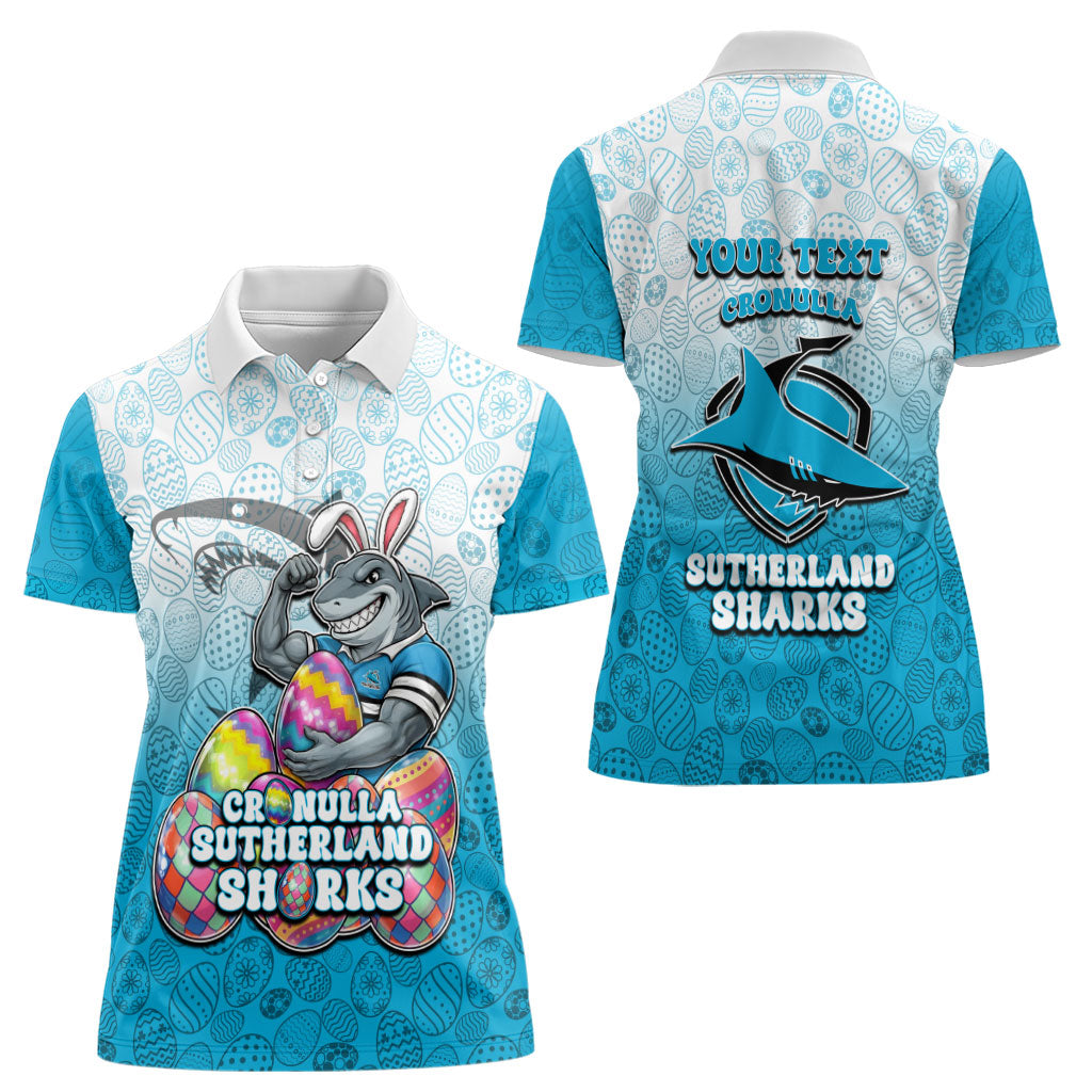Personalized Cronulla Sutherland Sharks Women Polo Shirt Easter Mascot - Colorful Eggs Cartoon Style