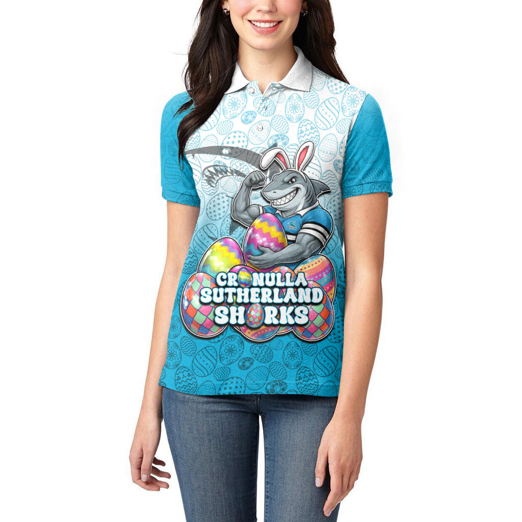Personalized Cronulla Sutherland Sharks Women Polo Shirt Easter Mascot - Colorful Eggs Cartoon Style