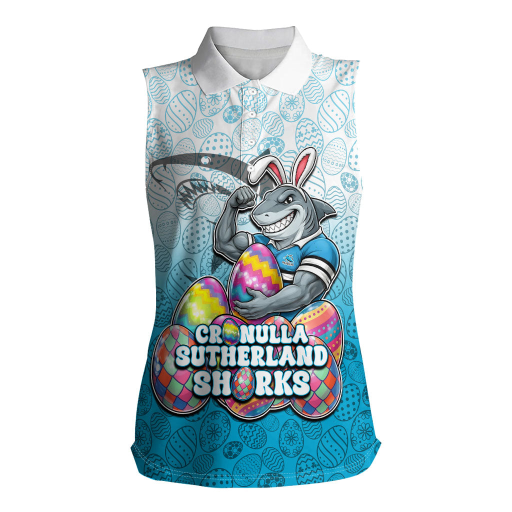 Personalized Cronulla Sutherland Sharks Women Sleeveless Polo Shirt Easter Mascot - Colorful Eggs Cartoon Style