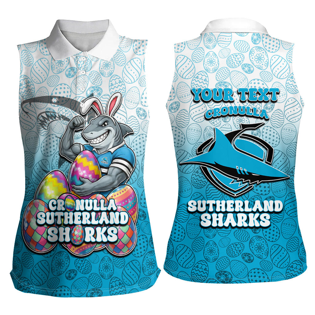 Personalized Cronulla Sutherland Sharks Women Sleeveless Polo Shirt Easter Mascot - Colorful Eggs Cartoon Style