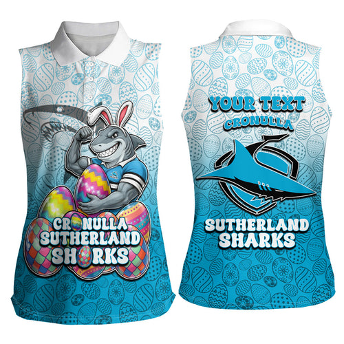 Personalized Cronulla Sutherland Sharks Women Sleeveless Polo Shirt Easter Mascot - Colorful Eggs Cartoon Style