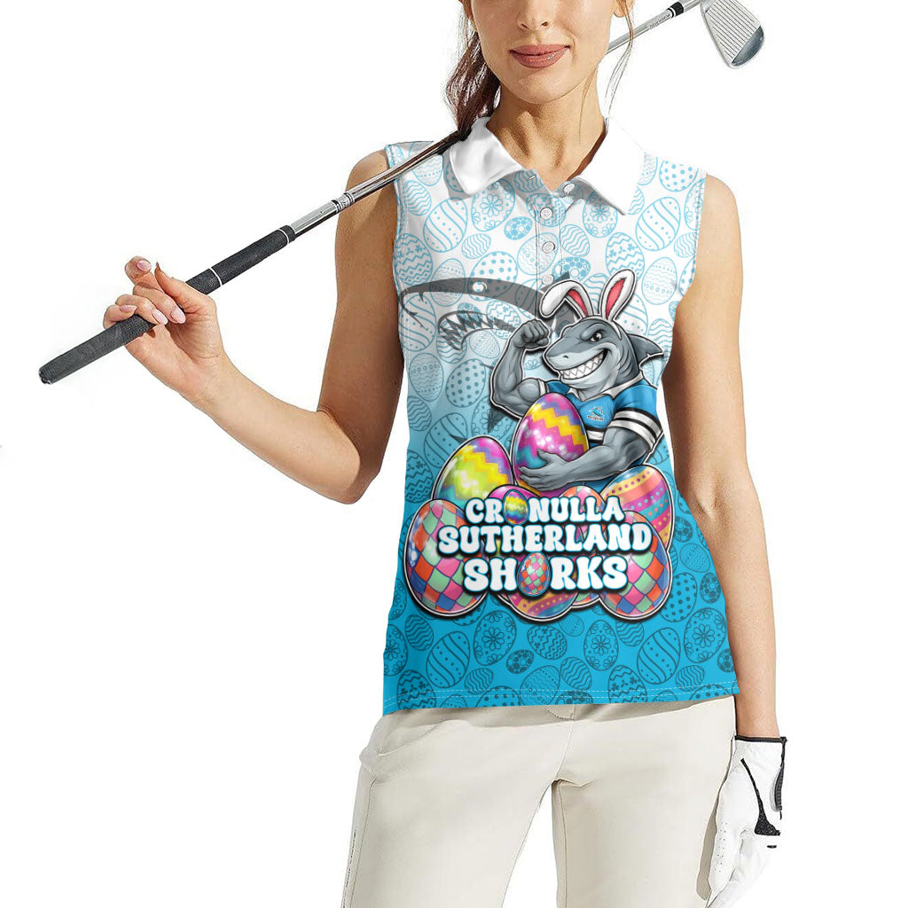 Personalized Cronulla Sutherland Sharks Women Sleeveless Polo Shirt Easter Mascot - Colorful Eggs Cartoon Style