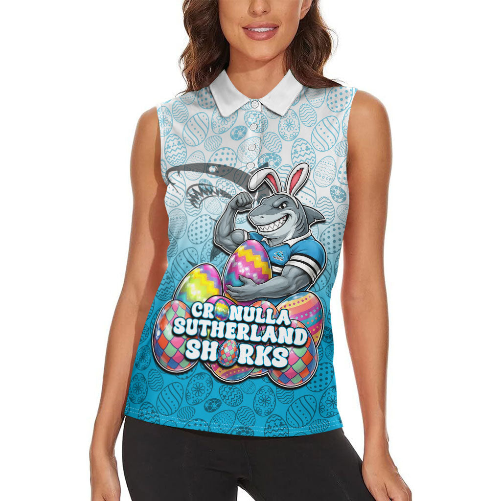 Personalized Cronulla Sutherland Sharks Women Sleeveless Polo Shirt Easter Mascot - Colorful Eggs Cartoon Style