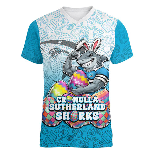 Personalized Cronulla Sutherland Sharks Women V-Neck T-Shirt Easter Mascot - Colorful Eggs Cartoon Style