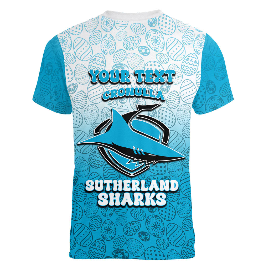 Personalized Cronulla Sutherland Sharks Women V-Neck T-Shirt Easter Mascot - Colorful Eggs Cartoon Style