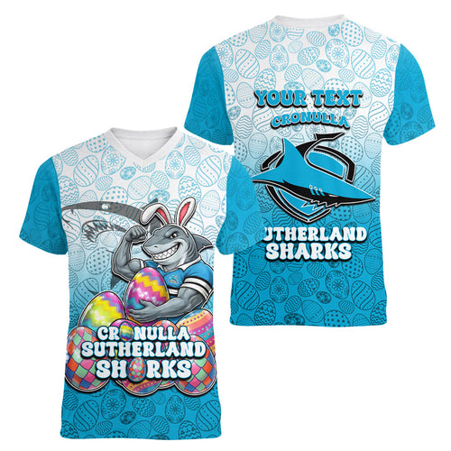 Personalized Cronulla Sutherland Sharks Women V-Neck T-Shirt Easter Mascot - Colorful Eggs Cartoon Style
