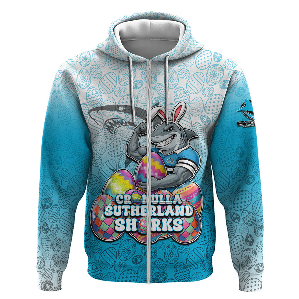 Personalized Cronulla Sutherland Sharks Zip Hoodie Easter Mascot - Colorful Eggs Cartoon Style