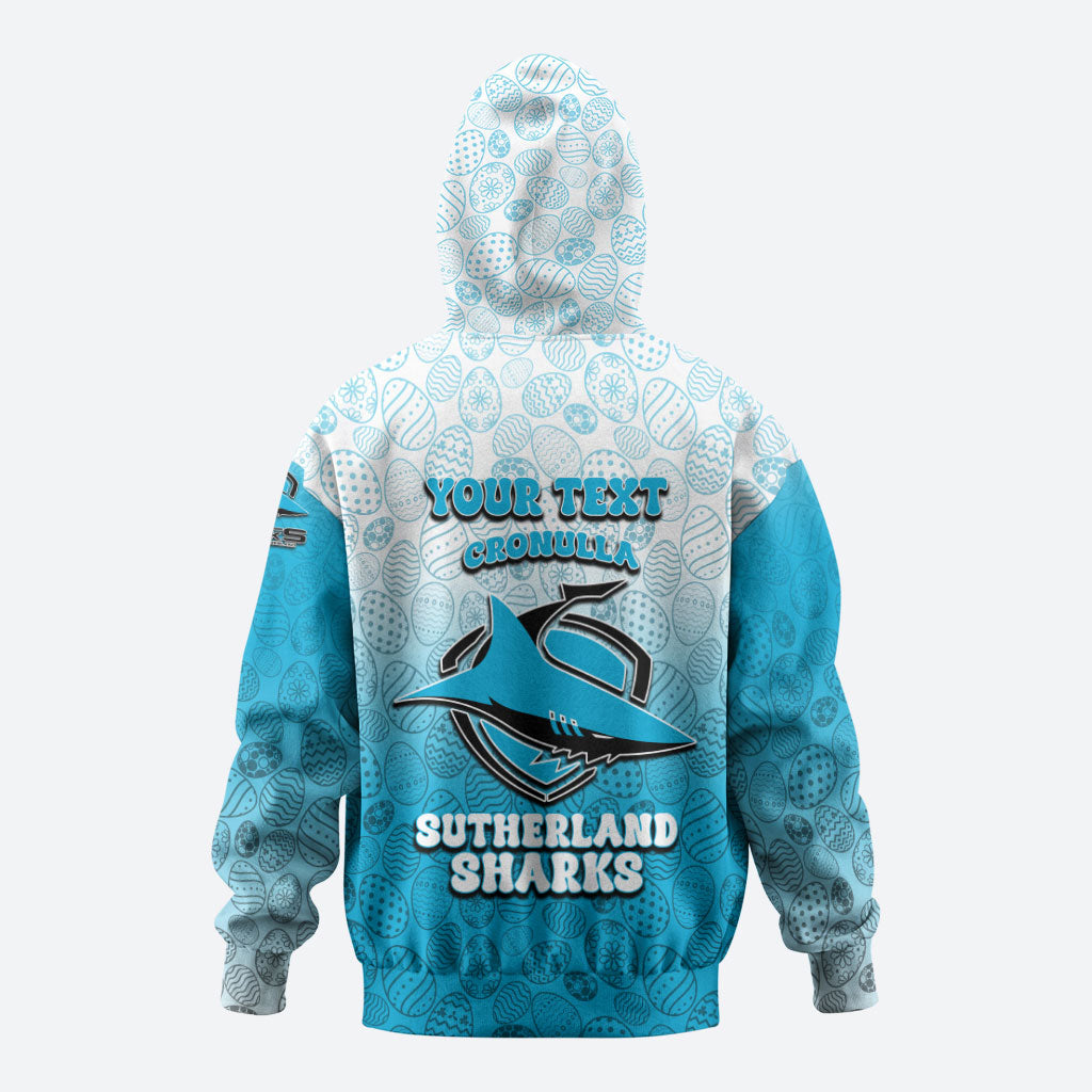 Personalized Cronulla Sutherland Sharks Zip Hoodie Easter Mascot - Colorful Eggs Cartoon Style