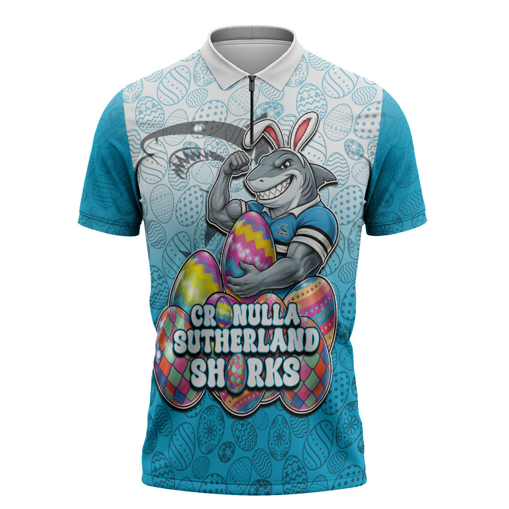 Personalized Cronulla Sutherland Sharks Zipper Polo Shirt Easter Mascot - Colorful Eggs Cartoon Style