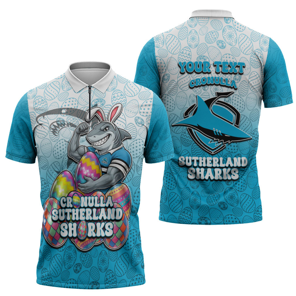 Personalized Cronulla Sutherland Sharks Zipper Polo Shirt Easter Mascot - Colorful Eggs Cartoon Style