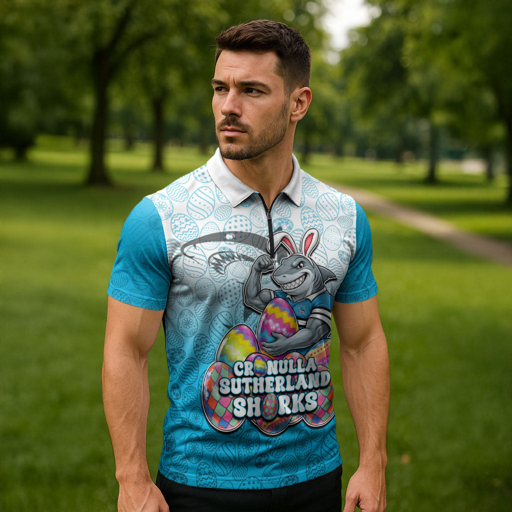 Personalized Cronulla Sutherland Sharks Zipper Polo Shirt Easter Mascot - Colorful Eggs Cartoon Style