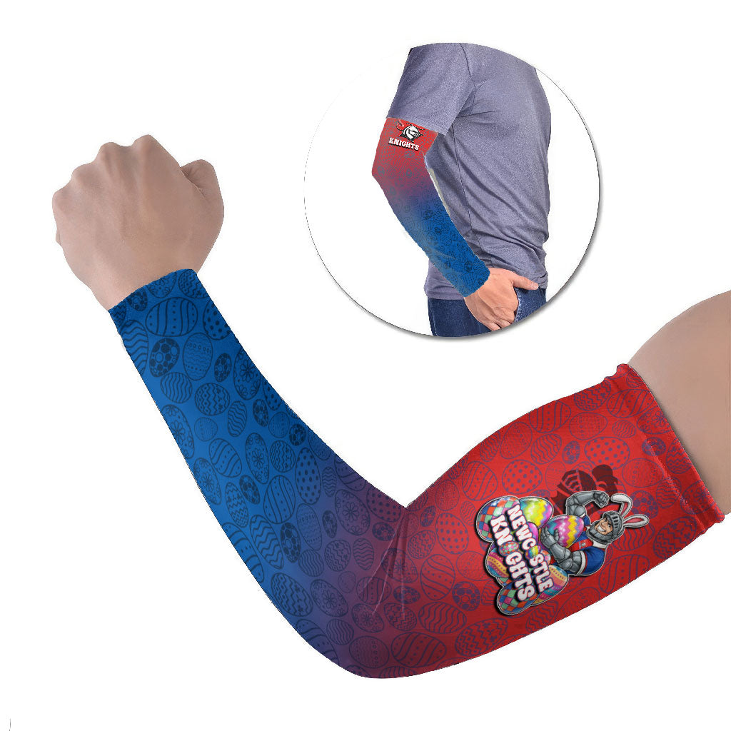 Personalized Newcastle Knights Arm Sleeves Easter Mascot - Colorful Eggs Cartoon Style
