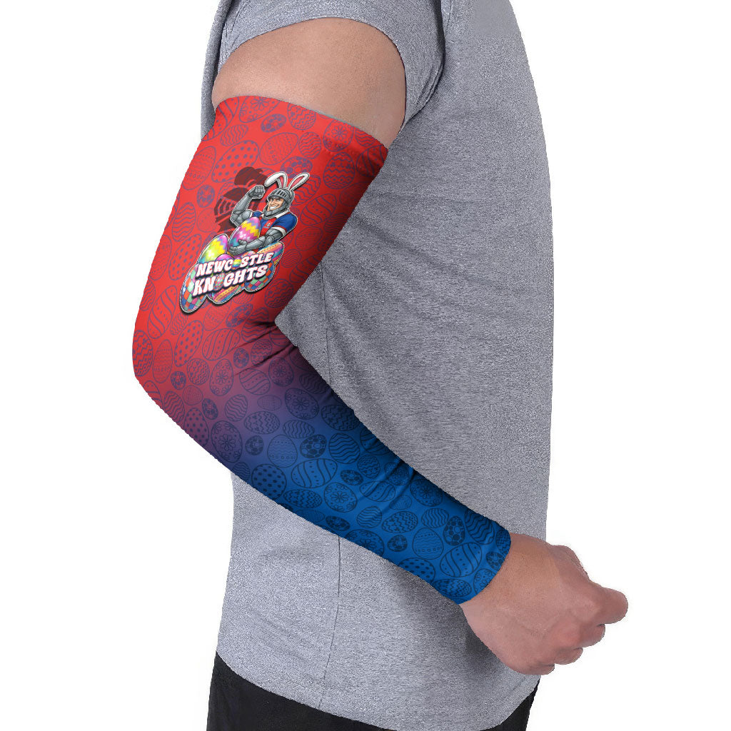 Personalized Newcastle Knights Arm Sleeves Easter Mascot - Colorful Eggs Cartoon Style