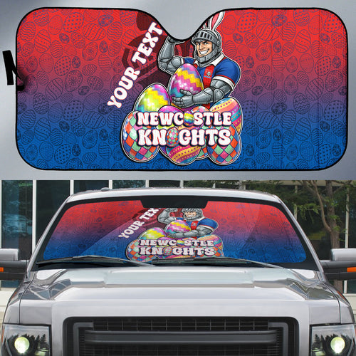 Personalized Newcastle Knights Auto Sun Shade Easter Mascot - Colorful Eggs Cartoon Style