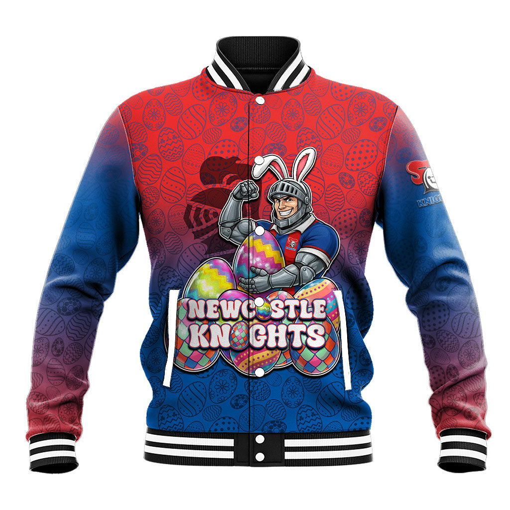 Personalized Newcastle Knights Baseball Jacket Easter Mascot - Colorful Eggs Cartoon Style