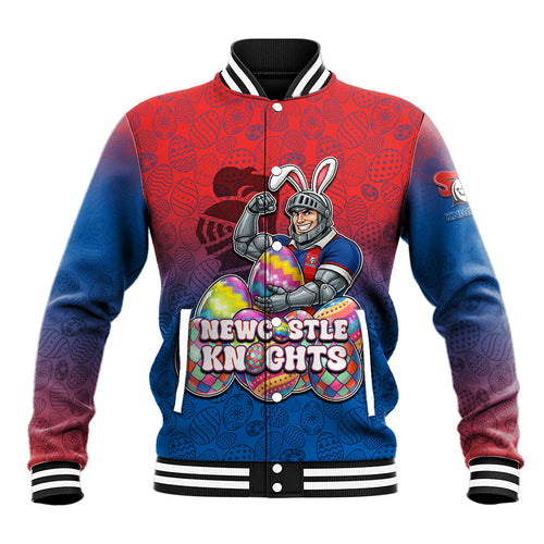 Personalized Newcastle Knights Baseball Jacket Easter Mascot - Colorful Eggs Cartoon Style