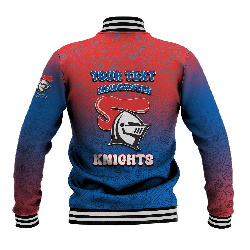 Personalized Newcastle Knights Baseball Jacket Easter Mascot - Colorful Eggs Cartoon Style