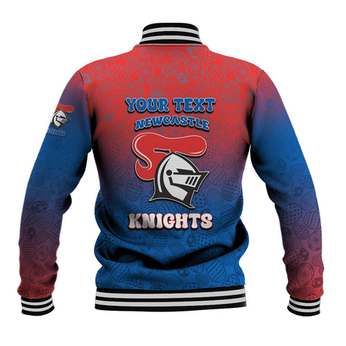 Personalized Newcastle Knights Baseball Jacket Easter Mascot - Colorful Eggs Cartoon Style