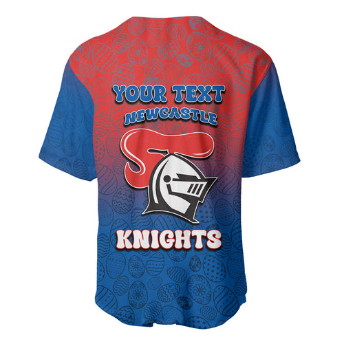 Personalized Newcastle Knights Baseball Jersey Easter Mascot - Colorful Eggs Cartoon Style