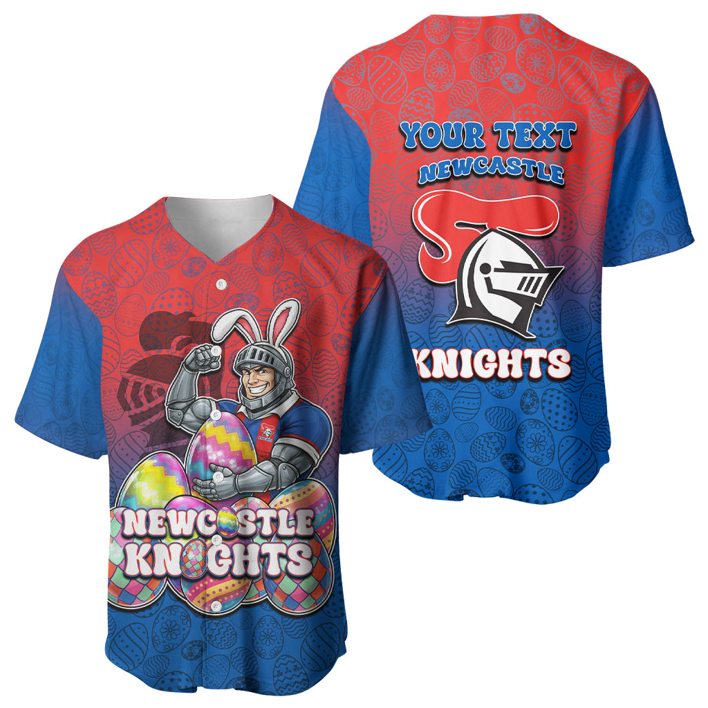 Personalized Newcastle Knights Baseball Jersey Easter Mascot - Colorful Eggs Cartoon Style